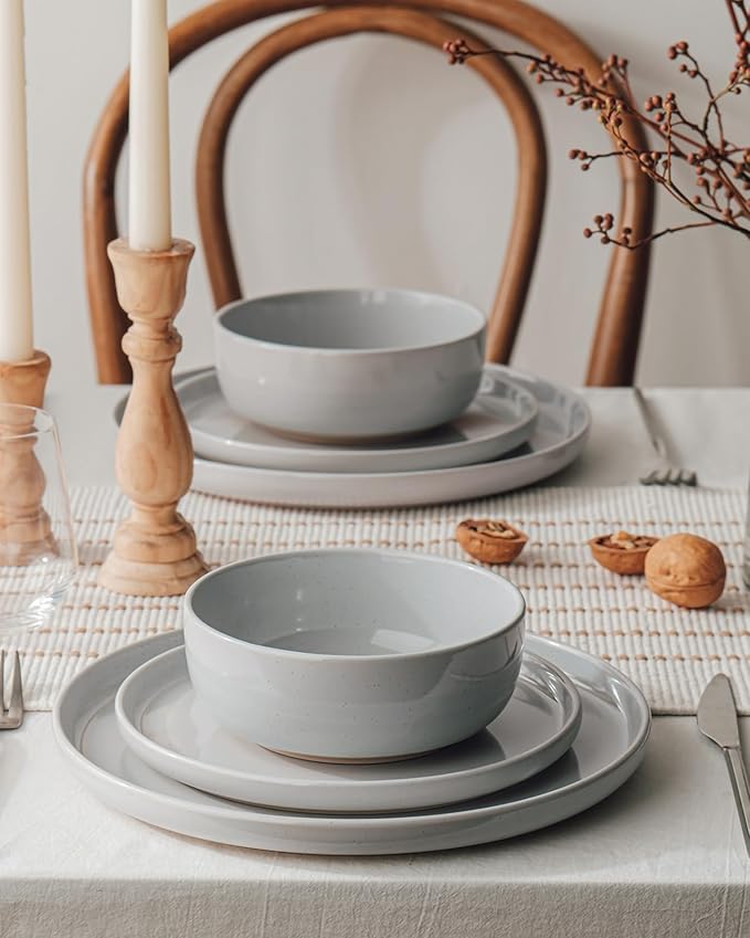 Famiware Milkyway Stoneware Dinnerware Sets with Pasta Bowls, Service for 4 (16 Pieces), Plates and Bowls Sets -Scratch Resistant, Microwave and Dishwasher Safe Dishes Set, Light Gray