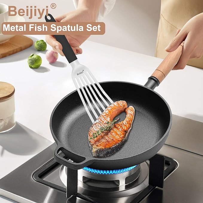 Beijiyi Stainless Steel Fish Spatula, 11.7" Small Metal Spatula for Cast Iron Skillet, Slotted Turner with Silicone Handle, Kitchen Cooking Flipper for Fish, Egg and Burger
