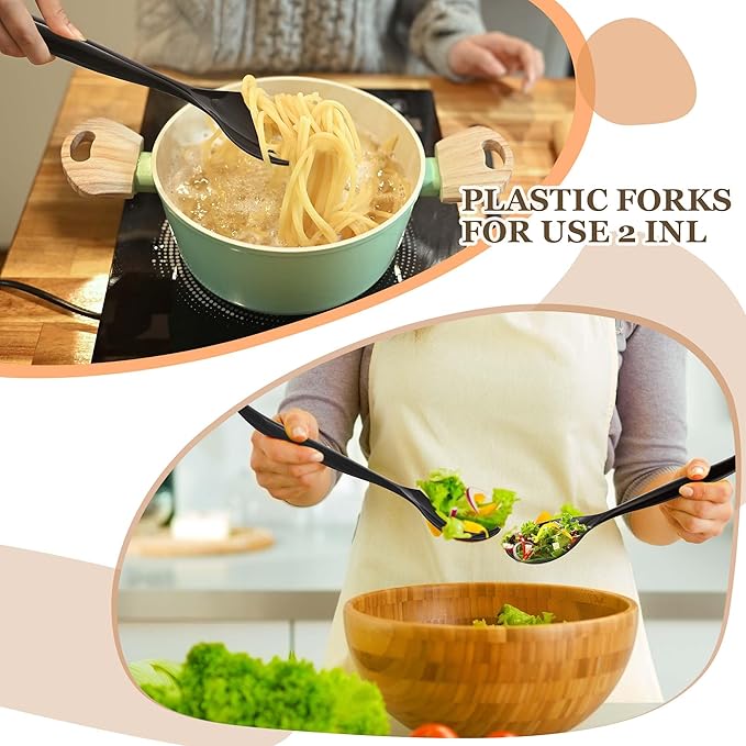 Mwellewm 32Pcs Serving Spoons 10'' Large Plastic Serving Utensils Set Slotted Disposable Serving Forks Heavy Duty Black Party Supplies for Buffet Restaurant Dinner Salad Noodles Soup