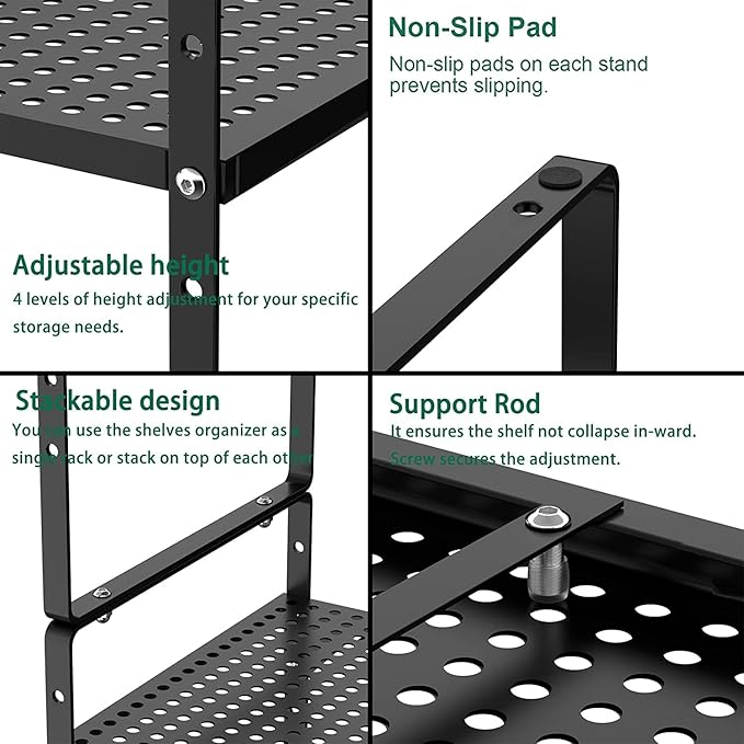 iPEGTOP 2 Pack Large Expandable Cabinet Storage Shelf, Heavy Duty Stackable Steel Metal Spice Rack Adjustable Height Home Office Pantry Garage Shelves for Counter Kitchen Organization, Black