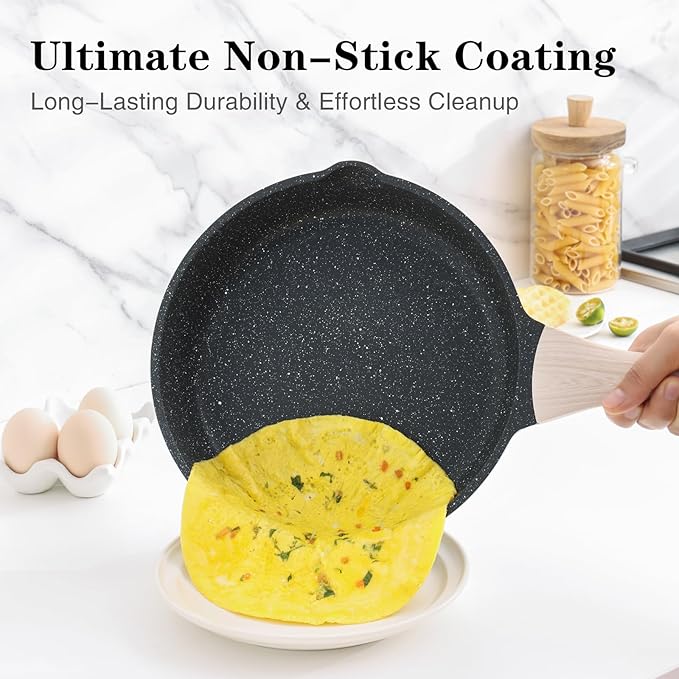 Kordisen Nonstick Frying Pan Skillet with Lid, 9.5 Inch Granite Egg Omelet Pan, Healthy and Non Toxic, Induction Compatible, PFOA Free