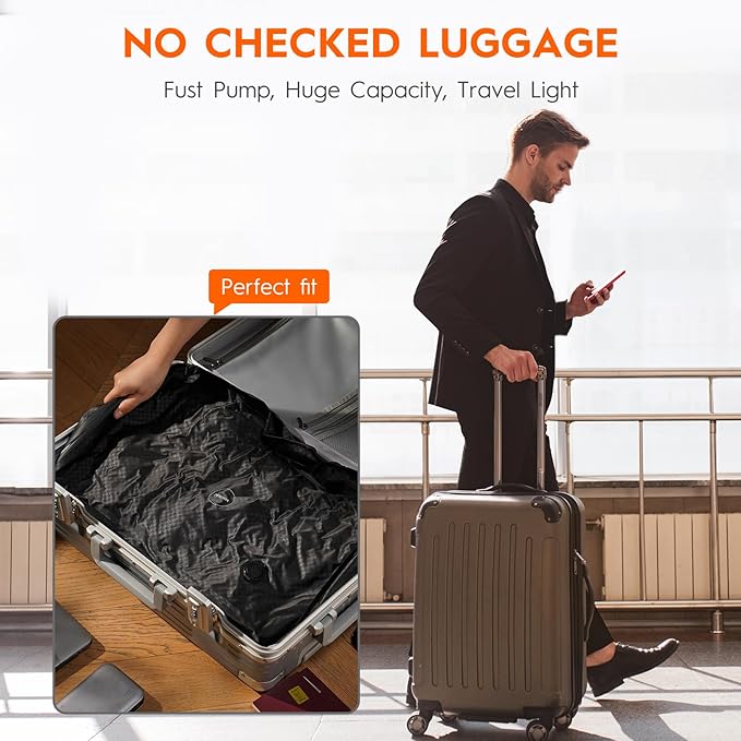 Vacuum Bags with Wireless Pump– Space Saver Compression Bags for Luggage, No Checked Baggage, Triple Your Luggage Space, IP68, Reusable, Fits 20/24/28 Inch Suitcase (2PC No Tracker)