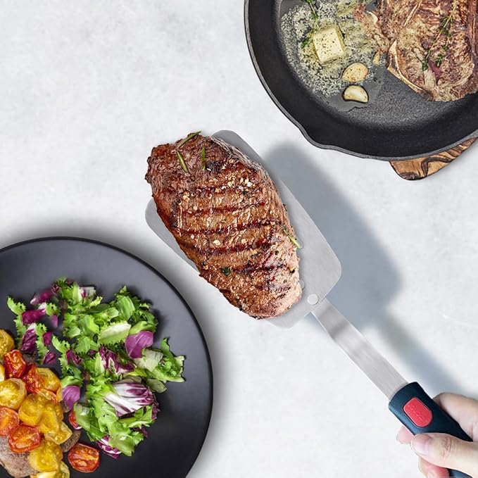 Stainless Steel Flexible Spatula Turner, Thin Slotted Metal Spatula for Cast Iron Skillet, Thin Blade and Heat Resistant Silicone Handle, Great for Egg, Cookie, Meat, Crep, Large