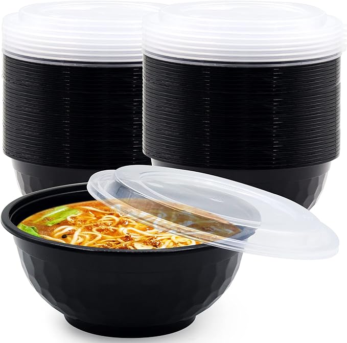 POPMISOLER 150 Pcs Stackable Meal Prep Bowl Containers,42 OZ Food Takeout Bowls Reusable,Black Disposable With Lids,Microwavable Dishwasher Safe Leak Resistant for Noodle Soup,Salads& Ramen (42oz)