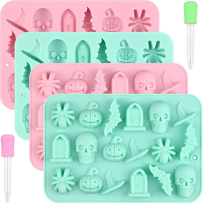 Actvty Halloween Chocolate Silicone Mold, 4 Packs Candy Gummy Molds of 18 Cavity with Skull Pumpkin Ghost Witch Hat Bat Spider Tombstone Shapes for Baking Chocolate Gummy Jelly Dessert