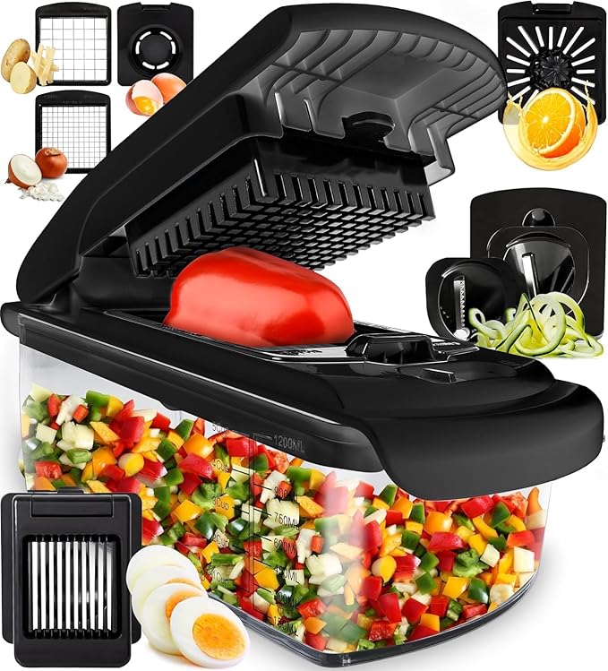 Fullstar The Original Pro Chopper - Vegetable Chopper and Spiralizer, Food Chopper with Container, Fruit Slicer, Kitchen Gadgets & Accessories, Home Essentials (8 in 1, Black)