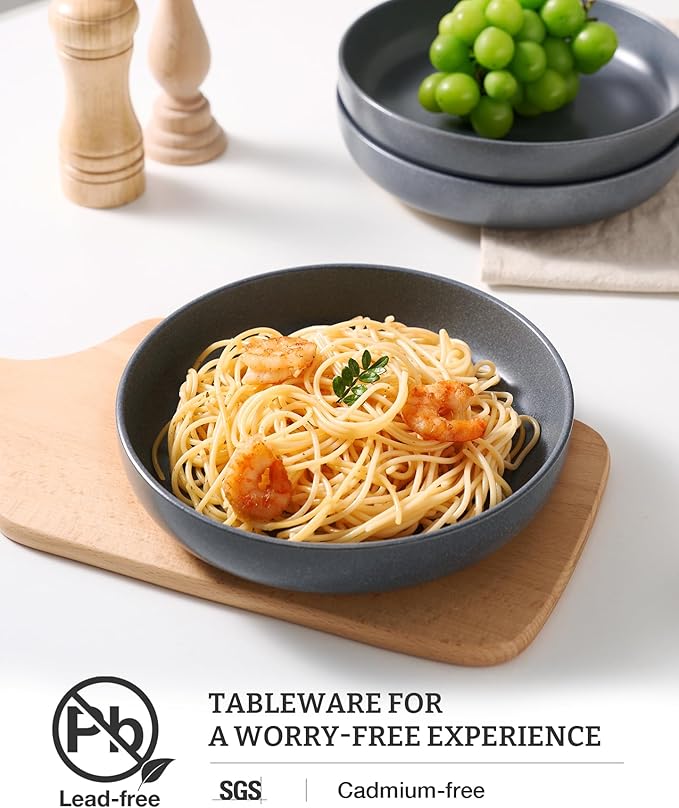 famiware Milkyway Pasta Bowls Set of 4, 8.5" Large Salad Bowls, Double Reactive Glaze, Stackable, Ideal for Housewarming, Festivals, Matte Dark Charcoal