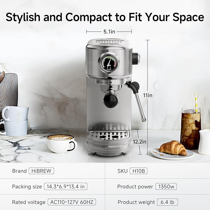 HIBREW Espresso Machine 20 Bar, Semi-Automatic Cappuccino Maker with Milk Frother for Latte Art, Adjustable Temperature & Water Volume, with Display, Pressure Gauge & Stainless Steel Body