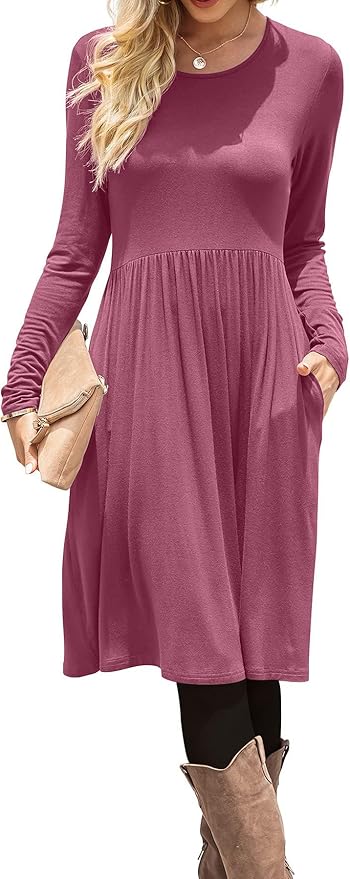 DB MOON Women Casual Long Sleeve Dresses Empire Waist Knee Length Loose Dress with Pockets
