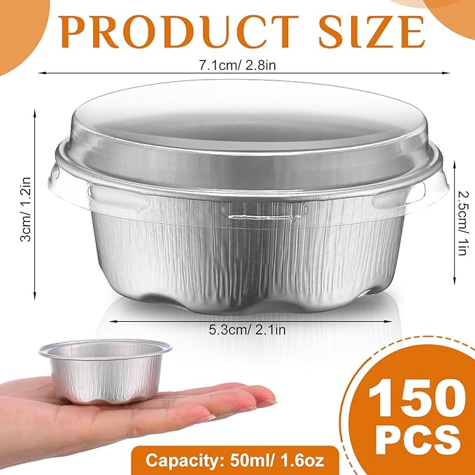 Eaasty 150 Pcs Baking Cups with Lids, 1.6 oz Muffin Cupcake Liners Aluminum Foil Mini Cake Pans Small Disposable Ramekins Flan Containers with Lids for Christmas, Birthday, Various Holiday(Silver)
