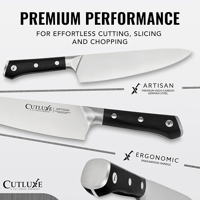 Cutluxe Chef Knife – 8" Kitchen Knife, German High Carbon Steel, Full Tang, Ergonomic Handle Design, Sheath Included – Artisan Series