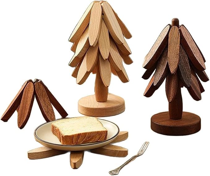 Natural Wood Tree Trivet Set, 𝐍atural Tree Trivet Set - 4 Wooden Trivets,4 Wooden 𝐓rivets & 1 Stand Like a Christmas Trees,for Hot Dish,Pot,Bowl,Teapot,Hot Pot Sets (Natural Wood 3 Trivets,3set)