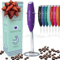 Elementi Milk Frother Wand & Drink Mixer - High Powered Hand Blender, Handheld Coffee Mixer Wand with Stand - Milk Foamer to Make Perfect Cappuccino Lattes & Hot Chocolate at Home (Purple)