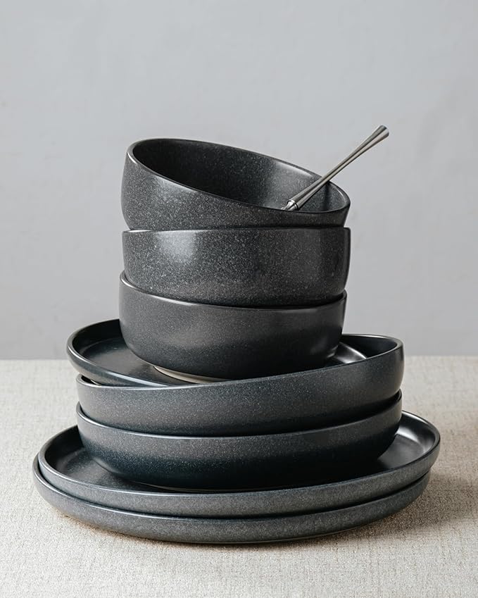 Famiware Milkyway Stoneware Dinnerware Sets with Pasta Bowls, Service for 4 (16 Pieces), Reactive Glaze Plates and Bowls Sets, Microwave and Dishwasher Safe Dishes Set, Matte Dark Charcoal