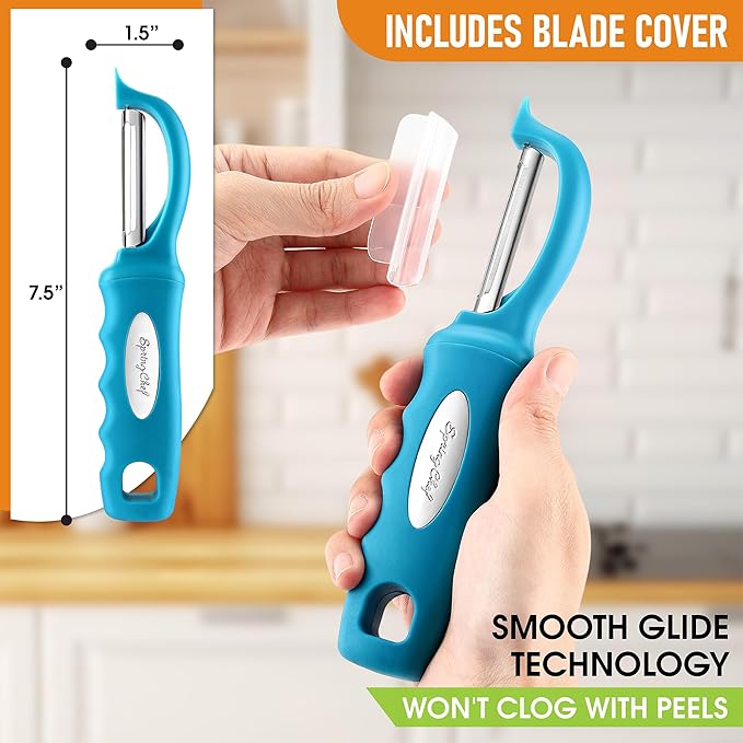 Spring Chef Premium Swivel Vegetable Peeler, Comfortable Handle and Ultra Sharp Stainless Steel Blades - Perfect Kitchen Peeler For Veggie, Fruit, Potato, Carrot, Apple - Teal