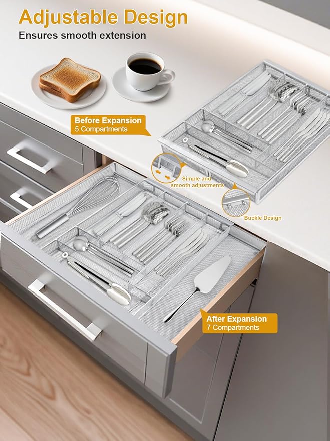 Silverware Organizer Metal Mesh, Large Drawer Organizer, Utensil Cutlery Tray for kitchen drawers, Expandable Flatware Organizer with 8 Compartment Silver 11.6"~20" x 17.3"