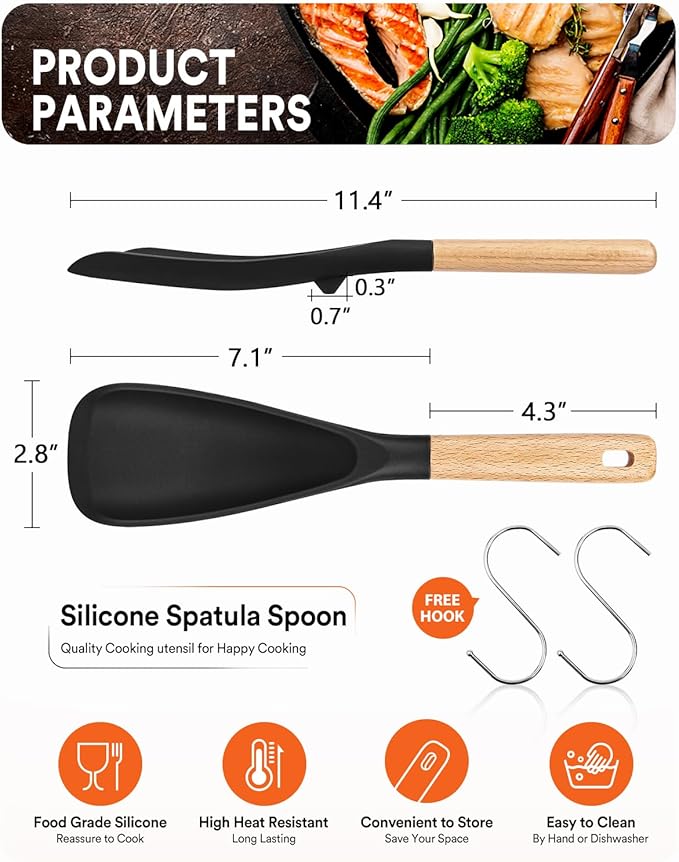 Cooking Spoon for Nonstick Cookwares, Great for Cooking and Serving Sturdy BPA-Free Matte Silicone, Wood Handle Spoon for Mixing, Scoop, and Scrape (Black & White, 11.4 inch)