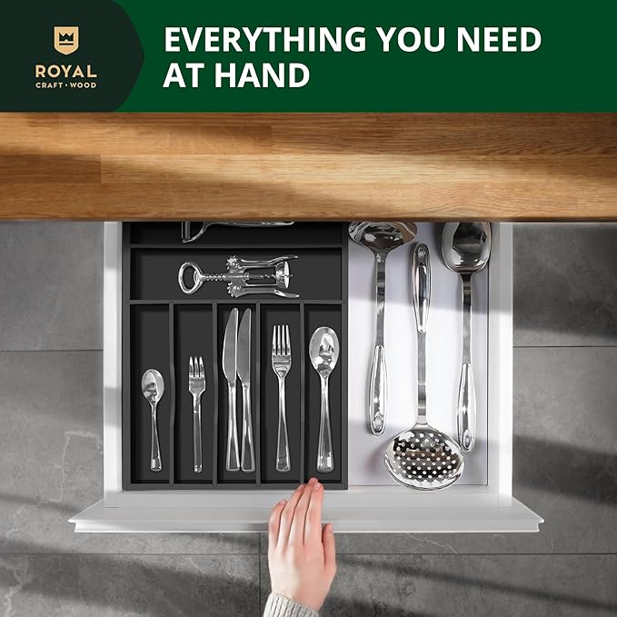 ROYAL CRAFT WOOD Luxury Bamboo Kitchen Drawer Organizer - Silverware Organizer - Utensil Holder and Cutlery Tray with Grooved Drawer Dividers for Flatware and Kitchen Utensils (7 Slot, Black)