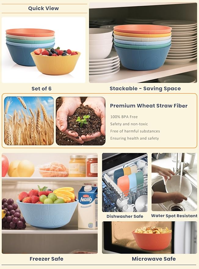 Wheat Straw Bowl Sets of 6 - 36oz Cereal Bowls with Textured Design,Large Soup Bowl - Microwave and Dishwasher Safe, Ramen Bowl Set, Alternative to Plastic Bowls for Serving Soup,Ramen,Salad - Multi