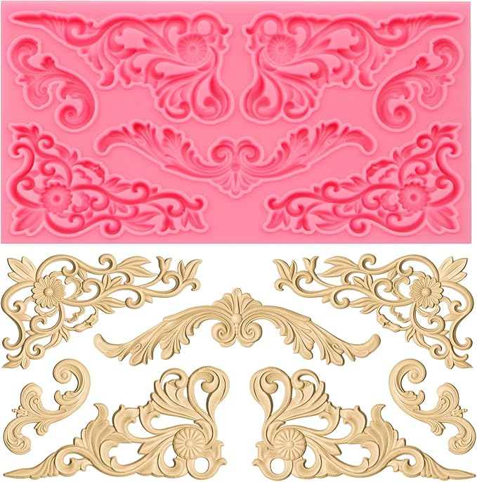 Vintage Curlicues Silicone Molds, Baroque Style Corner Relief Chocolate Molds, Filigree Scroll Flower Sculpted Cake Border Fondant Baking Molds for Cake Decoration Candy Clay Resin