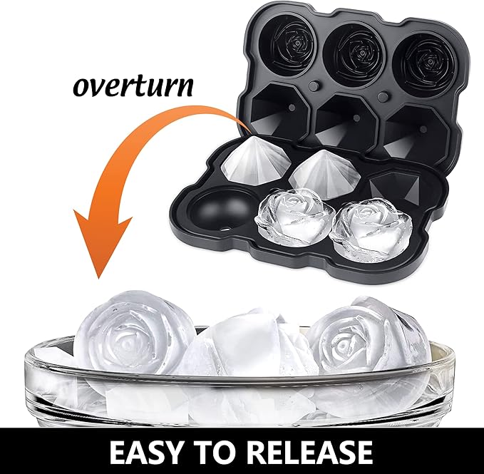 Rose Ice Cube Tray,ZACHDEE 2" Flower Silicone Ice Cube Tray With Covers,6 Easy Release Large Ice Ball for Cocktails, Drinks, Whiskey, Bourbon & Homemade Juice