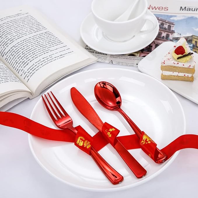 NOCCUR 180PCS Red Plastic Silverware Set - Red Flatware Set Heavy Duty - Include 60 Forks, 60 Spoons, 60 Knives - Ideal for Christmas Party