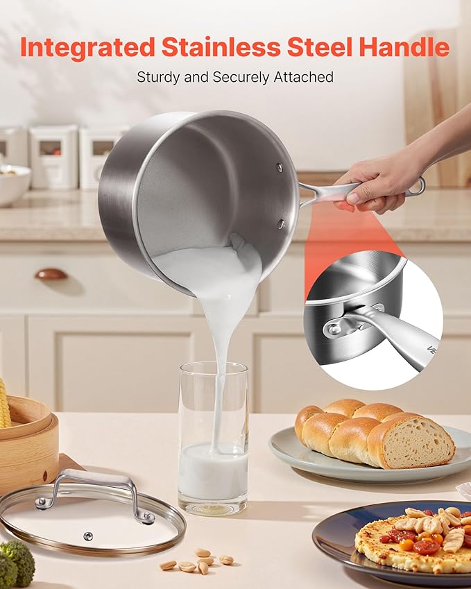 VEVOR 4 QT Saucepan, Stainless Steel Saucepan with Glass Lid, Multipurpose Nonstick Stainless Steel Small Cooking Sauce Pot with Ergonomic Handle, Friendly for Oven, Dishwasher, Induction Cooker
