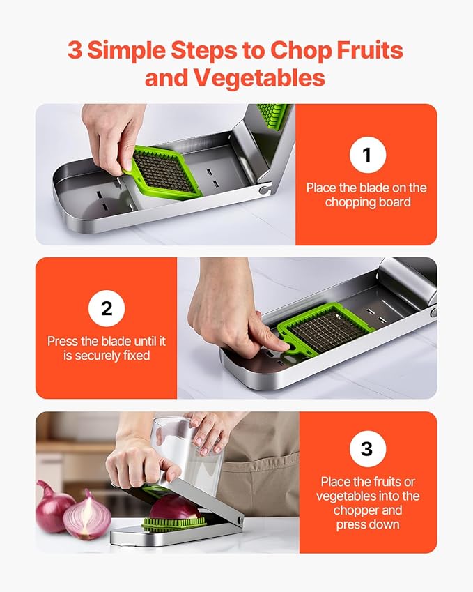 VEVOR Vegetable Chopper, Food Veggie Cutter with 3 Stainless Steel Blades, Onion Slicer with Container, Salad Potato Dicer Kitchen Gadgets & Essentials Home Appliances Tools for Easy DIY, Silver