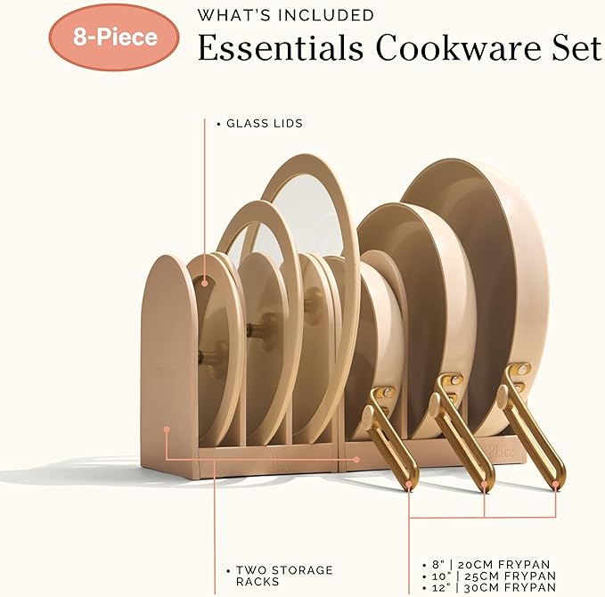 Our Place 8-Piece Essentials Complete Cookware Set - Ceramic Fry Pan Trio & Modular Rack Storage | Nontoxic Thermakind™ Nonstick, Oven Safe up to 450°F & Compatible with All Cooktops | Cream