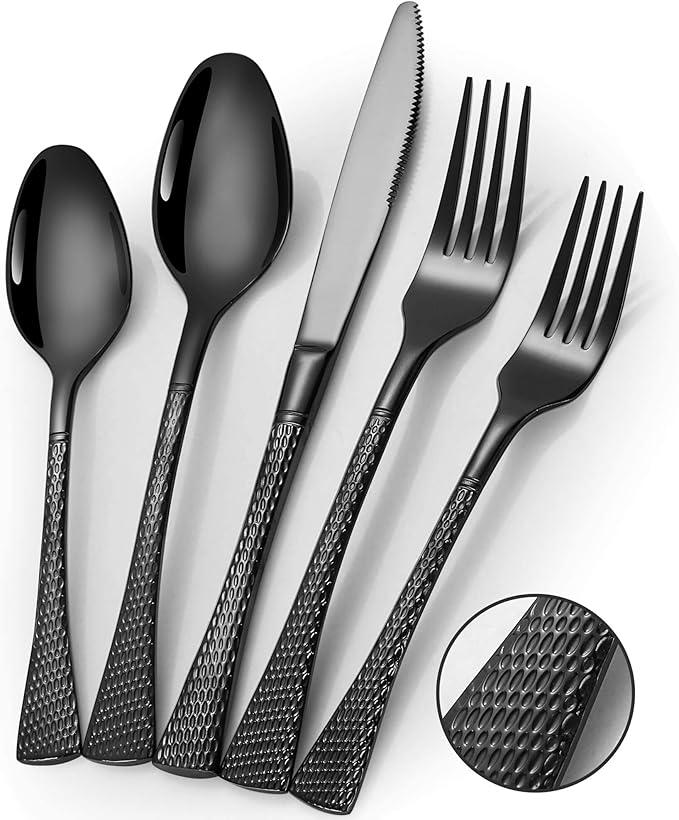 Lemeya Hammered Black Silverware Set,20 Piece Modern Flatware Set Service for 4,Mirror Polished Stainless Steel Cutlery Set Utensil Set Tableware Set,Kitchen Knives Forks Spoons Set,Dishwasher Safe