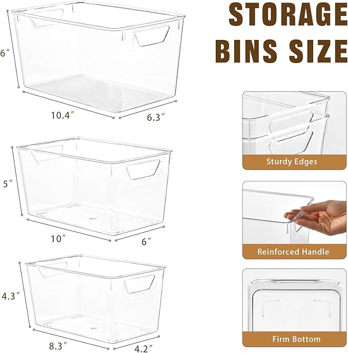 12 Pack Organizers and Storage, Pantry Organization and Storage Bins, Cabinet Organizer, Clear Plastic Storage Containers with Handle，Acrylic Storage Bins (4 Small&4 Middle&4 Large