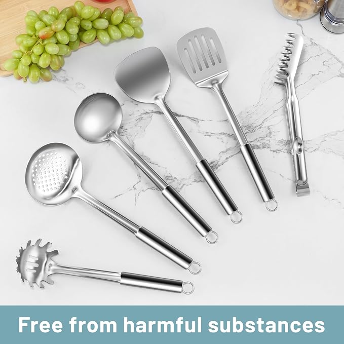 Pleafind Stainless Steel Cooking Utensils Set, 6 Pcs Heat Resistant Kitchen Utensils Set, Nonstick Kitchen Tools for Cooking, Baking, Metal Spatula Set for Chef, Dishwasher Safe