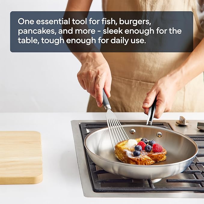 Misen Fish Stainless Steel Spatula - Slotted Turner for Cooking - Perfect for Frying - Heat Resistant - Dishwasher Safe -1mm Thick Flexible Flipper - Soft Silicone Grip Handle for Easy Use