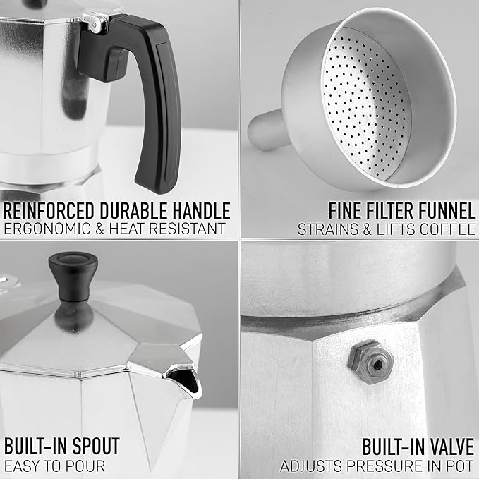 Zulay Moka Pot Espresso Stovetop Coffee Maker - Leak-Proof, Stainless Steel, Easy to Clean, Heat Resistant Handle & Knob -for Authentic Cuban & Italian Style Espresso - Makes 12 Espresso Cups - Silver