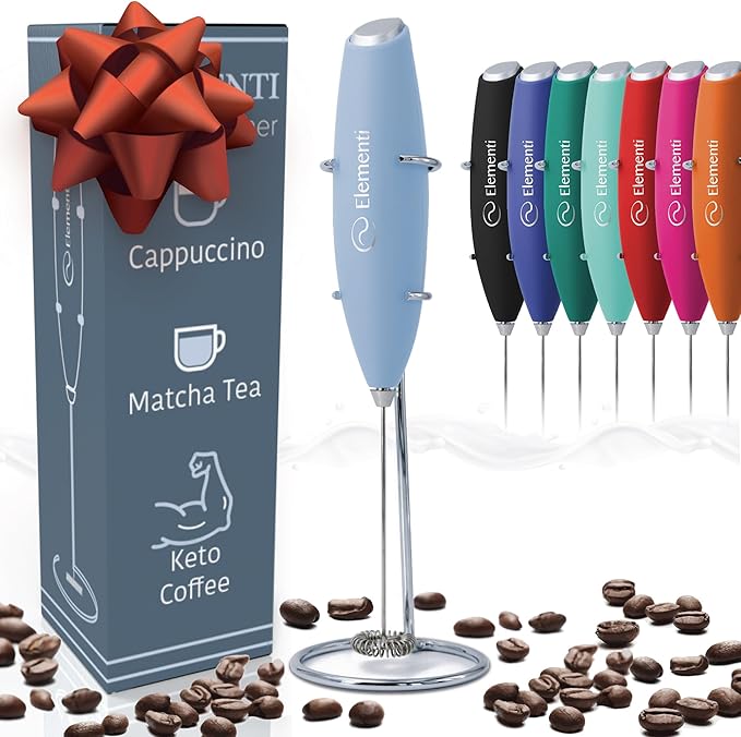 Elementi Electric Milk Frother Handheld - Create Creamy Coffee, Delicious Matcha and Perfect Drinks - Compact Whisk & Mixer with Stand - Light Blue