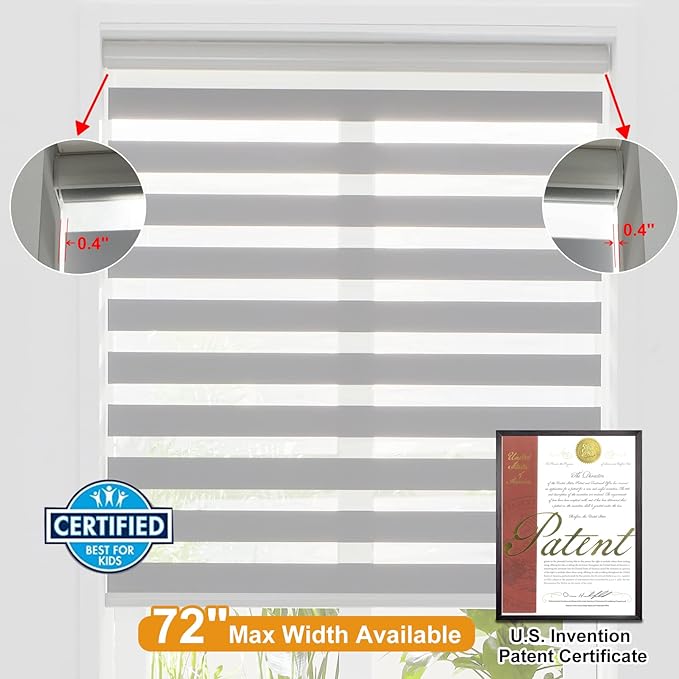 Persilux Cordless Zebra Blinds for Windows Free-Stop Roller Windows Shades (34" W X 72" H, Grey) Dual Layer Light Control for Day and Night, Light Filtering Sheer Shades for Home, Easy to Install