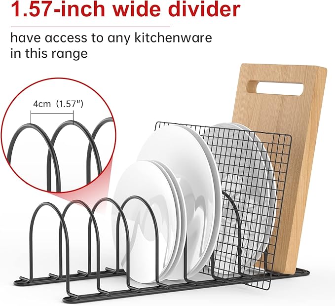 JAQ Pot Lids Holder, 13.5" Metal Kitchenware Dividers Organizer Rack for Plates, Pans, Sheet Pan, Baking Sheets,Office Documents in Kitchen Cabinets Shelf Countertop Pantry (2-pack, Black)