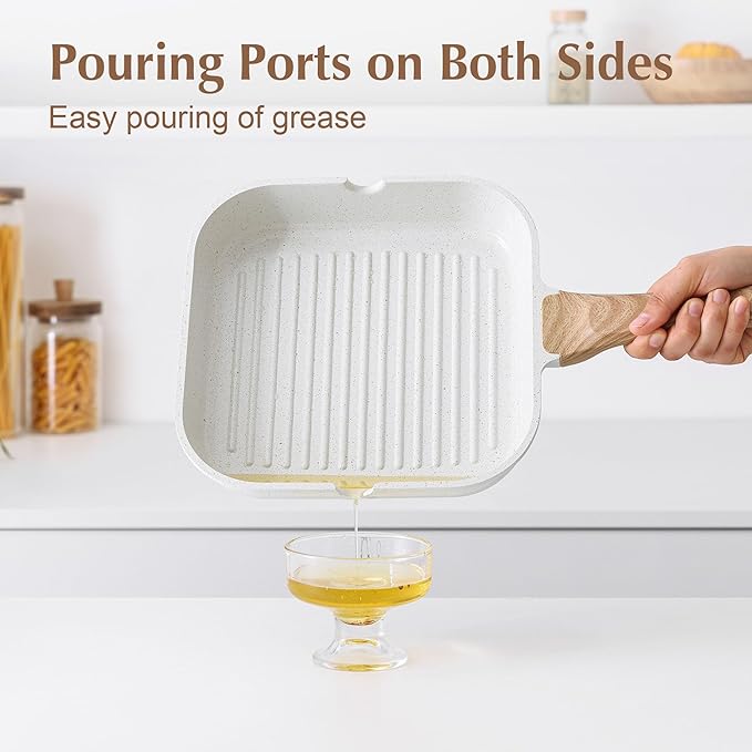 SENSARTE Nonstick Ceramic Grill Pan for Stove Tops, Versatile Square Grilling Pan with Pour Spouts, Durable Grill Skillet for All Stoves, Steak Bacon Pan, Non Toxic-PTFE,PFAS,PFOA Free, 11 Inch