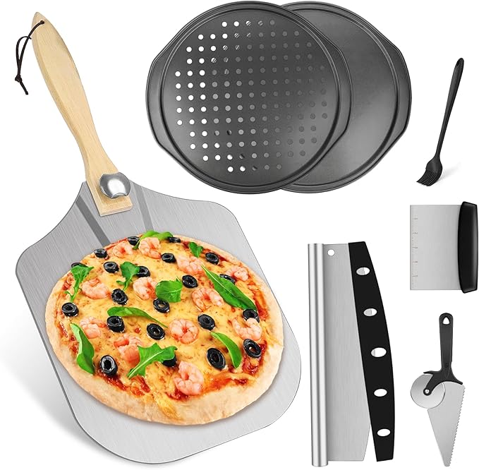 Pizza 7PCS Pizza Peel Pizza Pan Set, 12" x 14" Pizza Spatula, Aluminum Pizza Paddle with Rocker Cutter Scraper Pie Server Oil Brush, Pizza Oven Accessories, Baking Pizza, Dough, Bread & Pastry