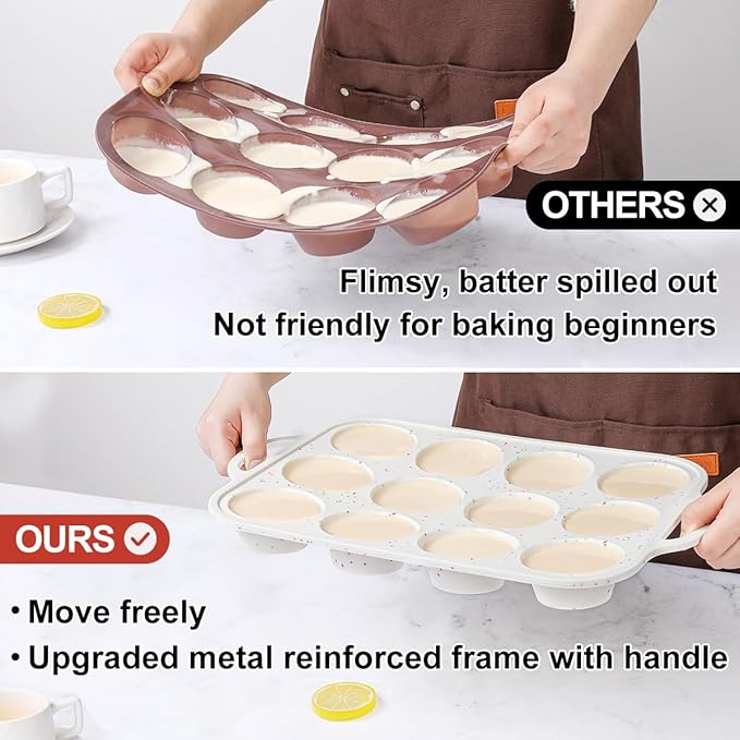 Silicone Muffin Pans for Baking, Metal Reinforced Frame Regular 12 Cups & Mini 24 Cups Cupcake Pan Set Nonstick Muffin Pan for Homemade Baking Easy to Handle