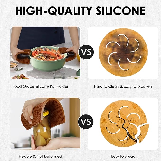4 Pack Silicone Trivet Mats, Heat Resistant Silicone Hot Pot Holders Hot Pads for Kitchen Countertop, Non-Slip Brown Trivets for Pots and Pans, Hot Plate Mat Coffee Trivet Food Grade Silicone Mat