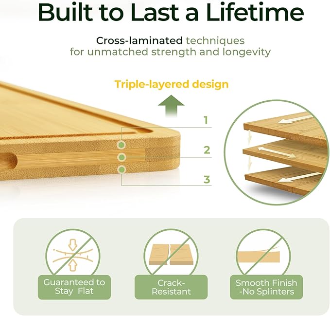 Chopping Board 2-Pcs Natural Bamboo Cutting Board With Juice Channels & Knife-Friendly Finish For Versatile Kitchen Use, Ideal Charcuterie & Chopping Multi-Use