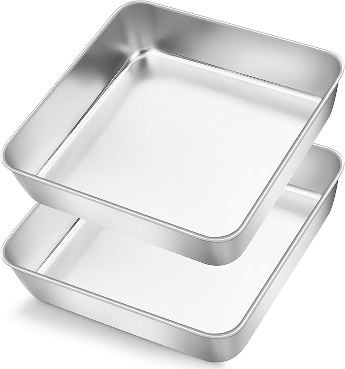 Herogo 8 x 8 Baking Pan Set of 2 for Oven, Stainless Steel Square Cake Pan for Lasagna Brownies Casseroles Cakes, Dishwasher Safe & Durable