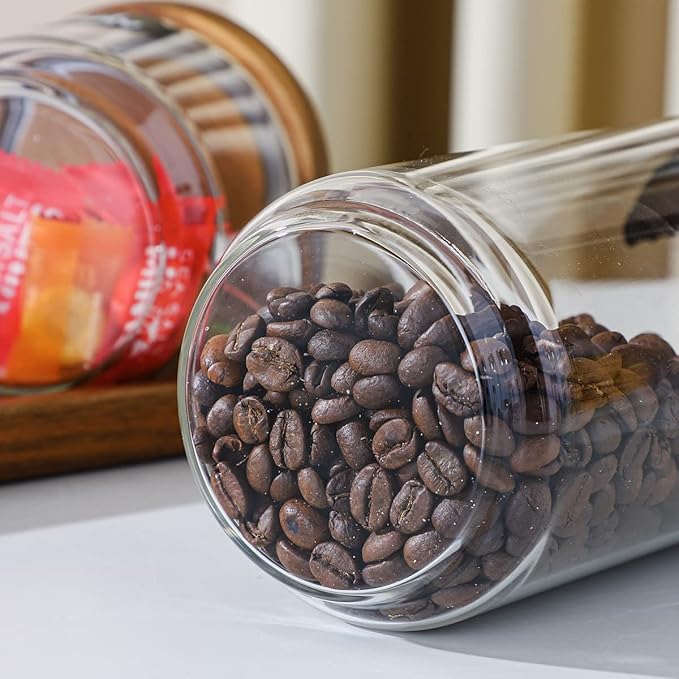 Glass Storage Containers Set of 3, 54 OZ High Borosilicate Glass Jars with Wooden Lids Kitchen Food Canisters s for Coffee Beans/Sugar/Noodles/Nuts/Cookies/Pasta