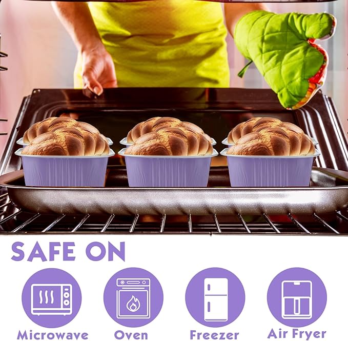 Aoriher 150 Pieces 10 oz Mini Cake Pans with Lids Aluminum Foil Baking Cups Square Disposable 4" x 4" Large Cupcake Cups Baking Tins for Kitchen Brownie Pudding Desserts Holders(Taro Purple)