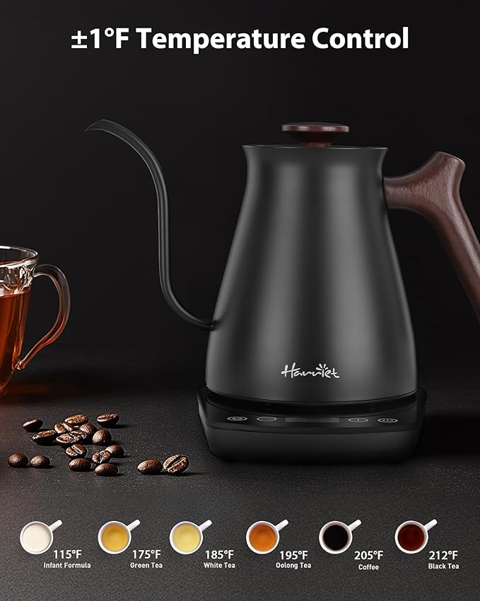 Harriet Gooseneck Electric Kettle - 1200W Fast Heat, 0.8L Stainless Steel, Precision Temp Control & Timer, Wood Handle, Pour Over Coffee and Tea, Black