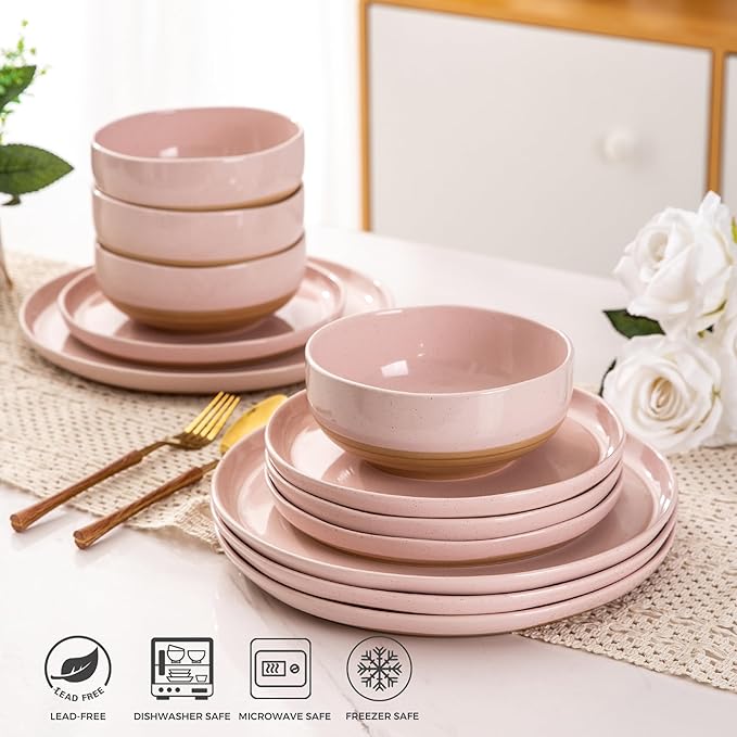 AmorArc Ceramic Dinnerware Sets for 8, 24 Pieces Handpainted Speckled Plates and Bowls Set with Rustic Terracotta Underside, Scratch Resistant Stoneware Dishes Set, Dishwasher & Microwave Safe, Pink