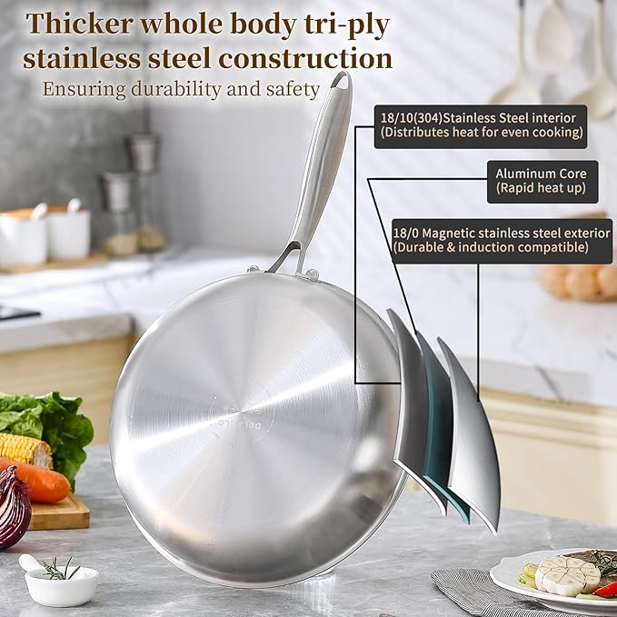 DELARLO Tri-Ply Stainless Steel 10inch and 12inch Frying Pan, Oven safe induction skillet,pots and pans set,Suitable for All Stove (Detachable Handle)