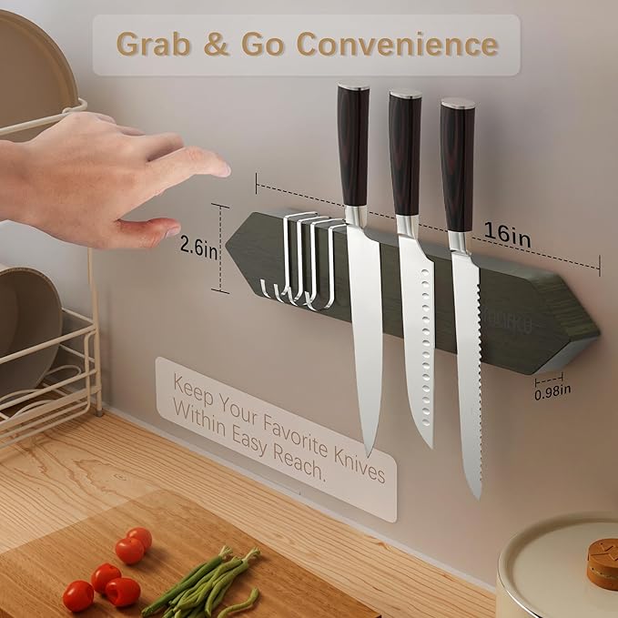 imarku Magnetic Knife Holder for Wall - 16 Inch Acacia Wood Magnetic Knife Strip with Powerful Magnet, Knife Magnetic Strip for Kitchen Utensil Organizer with 4 Hooks, Dark Gray