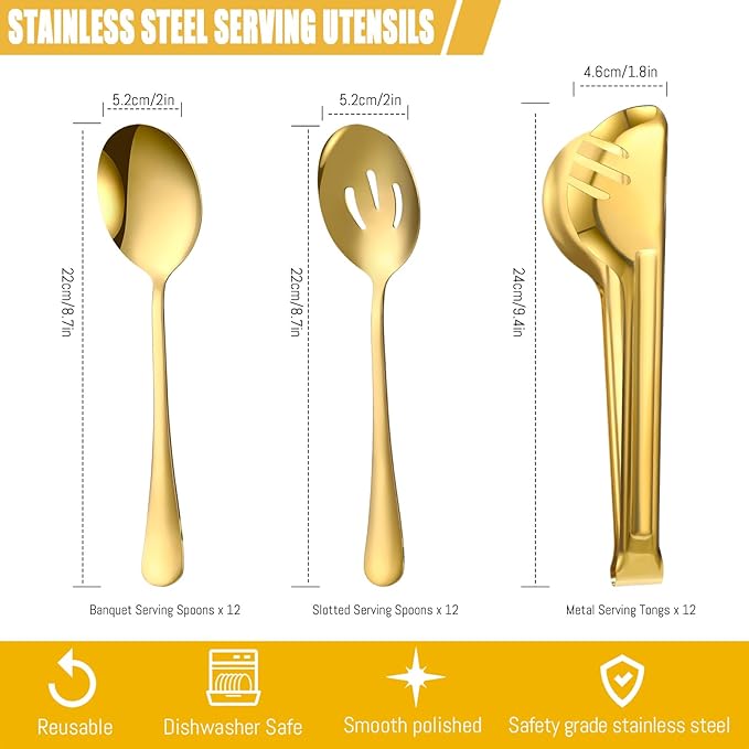 Sabary 36 Pcs Stainless Steel Serving Utensils for Buffet Parties Including 12 Serving Spoons 12 Slotted Spoons 12 Serving Tongs Large Metal Flatware Set for Tanksgiving Catering Banquet(Gold)
